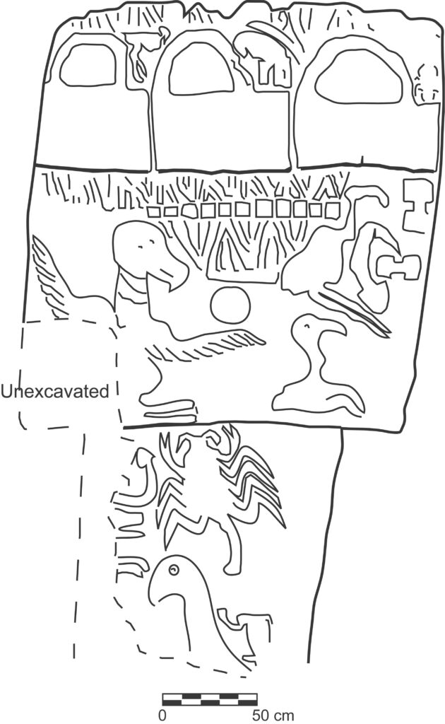 Relief on Pillar 43 in Structure D at Göbekli Tepe. Archaeologist Edward Banning suggested that the “box-like” motifs near the top of the scene may represent houses with thatched or vaulted roofs, while the small animals beside them could have served as clan or house emblems. Credit: Banning, E. B. (2011)
