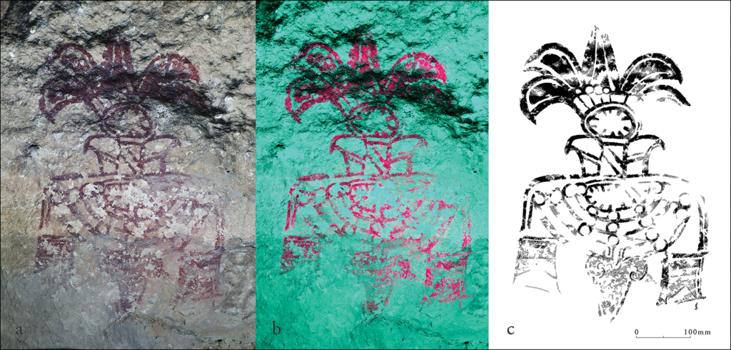 Glyph 2 from Cave 19 showing a beaded necklace, cloth garment and atlatl dart interpreted as a Teotihuacan martial title.