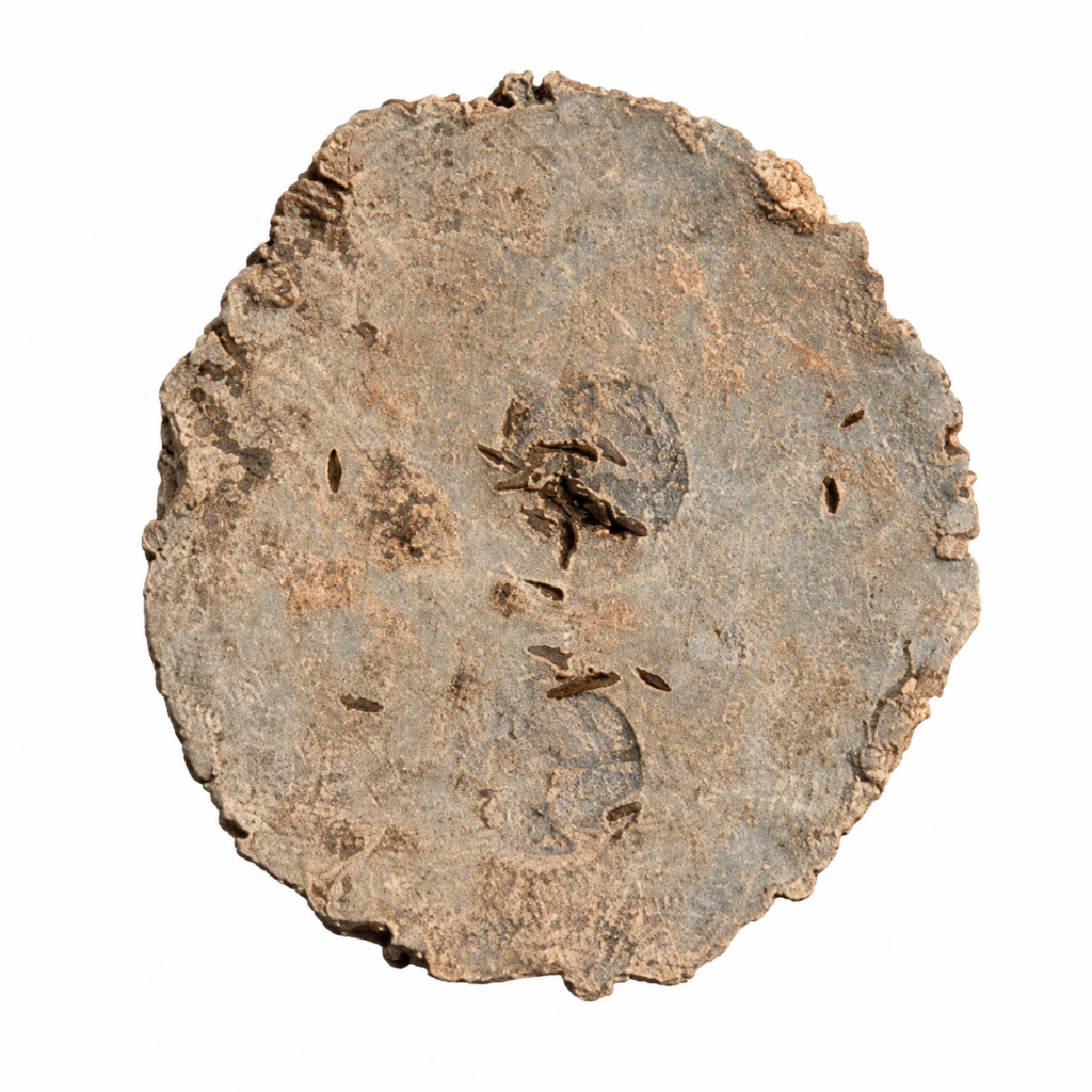 Lead testing disc found at Corent in 2026, bearing impressions from coin punches associated with an Arvernian stater. 