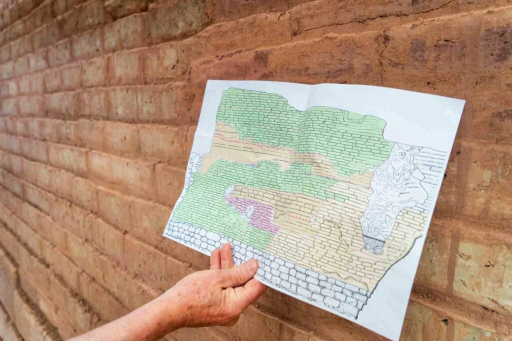 Architectural documentation of the ancient Lydian fortification wall at Sardis, showing different sections of its brickwork.