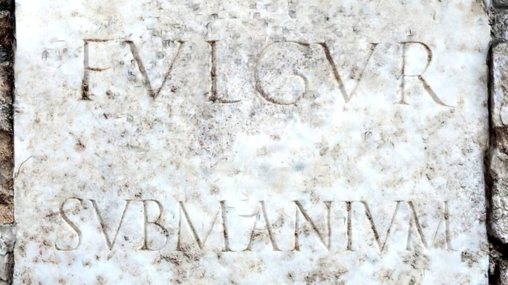The newly uncovered “FVLGVR SVBMANIVM” inscription at Hadrian’s Villa preserves rare evidence of a Roman ritual linked to a lightning strike. Credit: Italian Ministry of Culture (MiC)