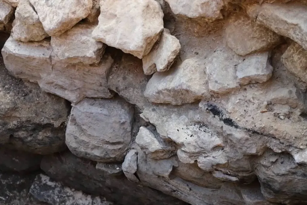 Close-up of burned stonework on the possible Gallic wall of Lutetia beneath Paris.
