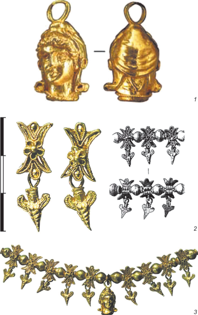 Composite figure showing the gold necklace from the Oguz kurgan, including a central female-head pendant, lotus-shaped dividers, and hanging pendants.