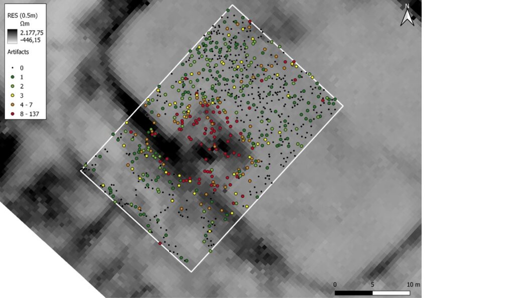 Distribution of finds in molehills compared to ohm resistivity data using a 0.5-m configuration.