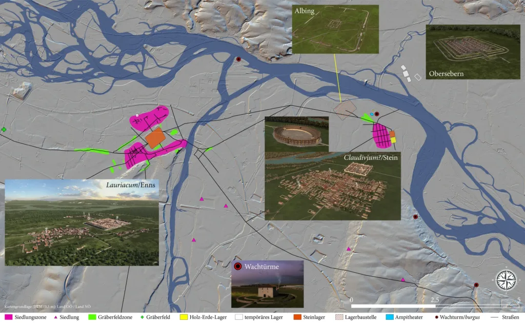 
Map of the Roman settlement landscape between Enns and St. Pantaleon-Erla, showing Lauriacum, the possible site of Claudivium at Stein, Roman watchtowers, and temporary camps north of the Danube.