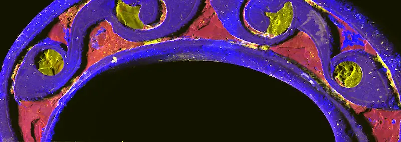 The elemental map shows lead in red, copper in blue and iron in yellow. 
