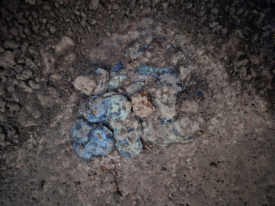 Bronze Roman coins discovered during excavations of a wooden cupboard in Pompeii, buried by the eruption of Mount Vesuvius.