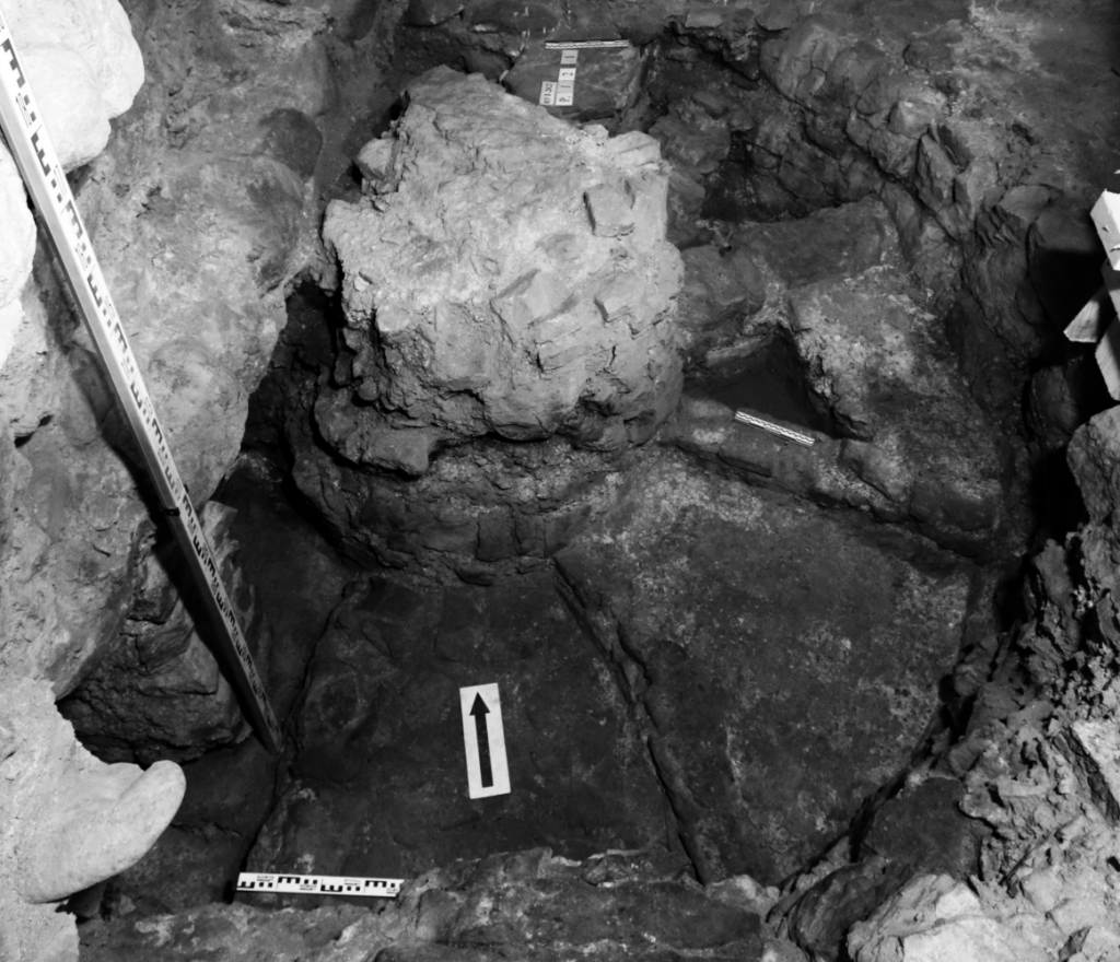 Excavated remains of a medieval stone spiral staircase inside the Church of the Dormition in Veliky Novgorod.