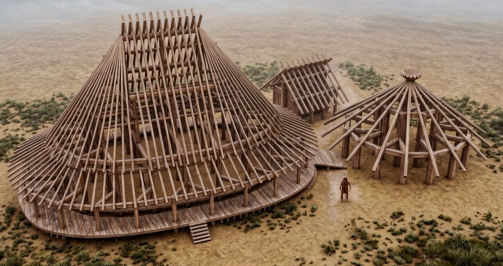 Digital reconstruction of three ancient buildings near the Fanshan royal cemetery in China, including a possible Liangzhu ritual hall.