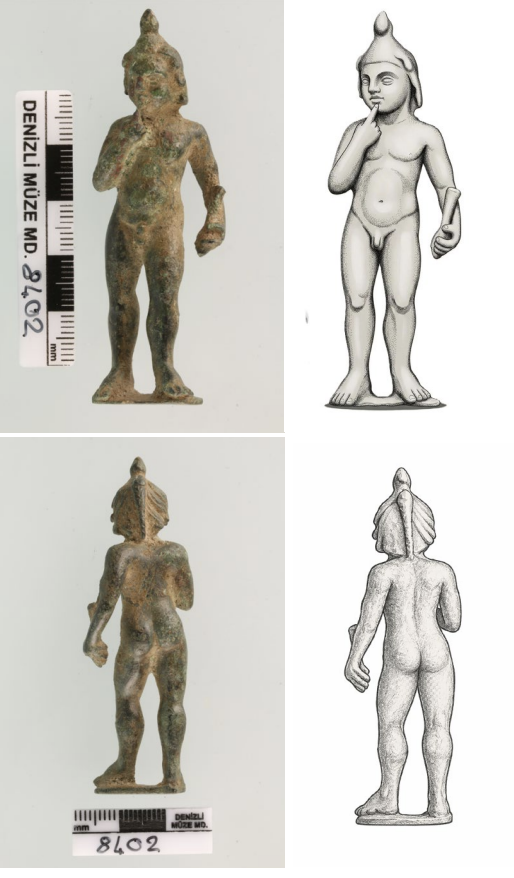 
Front and back photographs and archaeological drawings of a Roman-era bronze Harpocrates figurine in the Hierapolis Archaeology Museum, Türkiye.