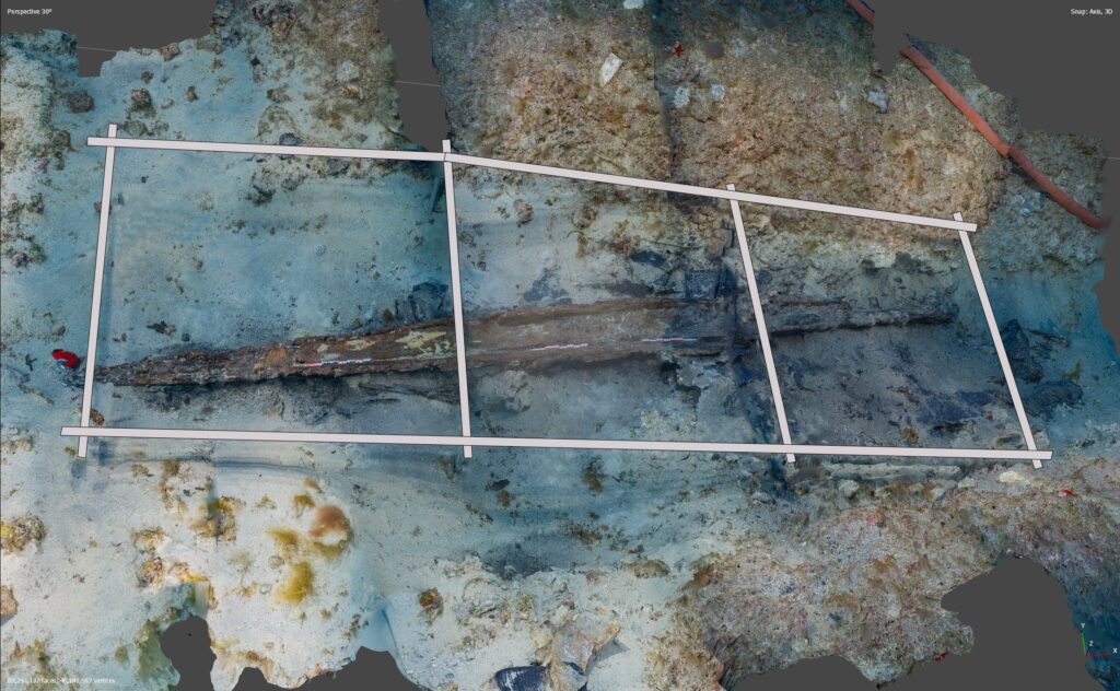 3D underwater archaeological survey showing the preserved wooden hull and keel of a Hellenistic shipwreck near Vis Island, Croatia.