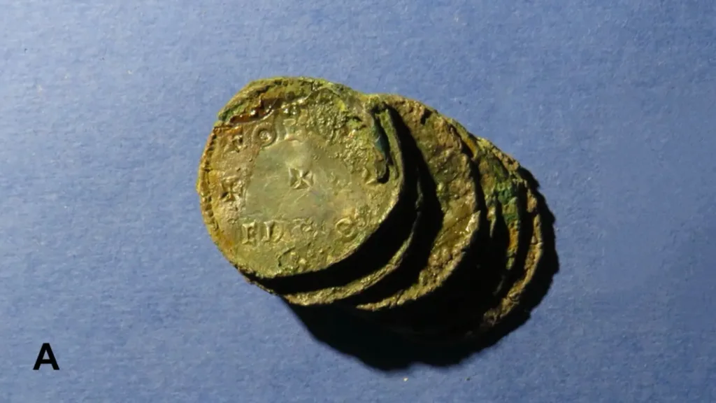 One of the fused groups of Anglo-Saxon coins discovered during excavations at the Palazzo della Rovere in Rome.