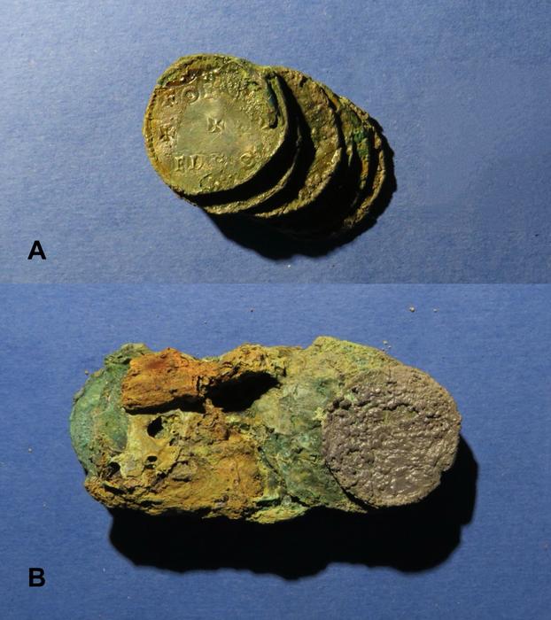 Two fused groups of Anglo-Saxon coins found during excavations at the Palazzo della Rovere in Rome.