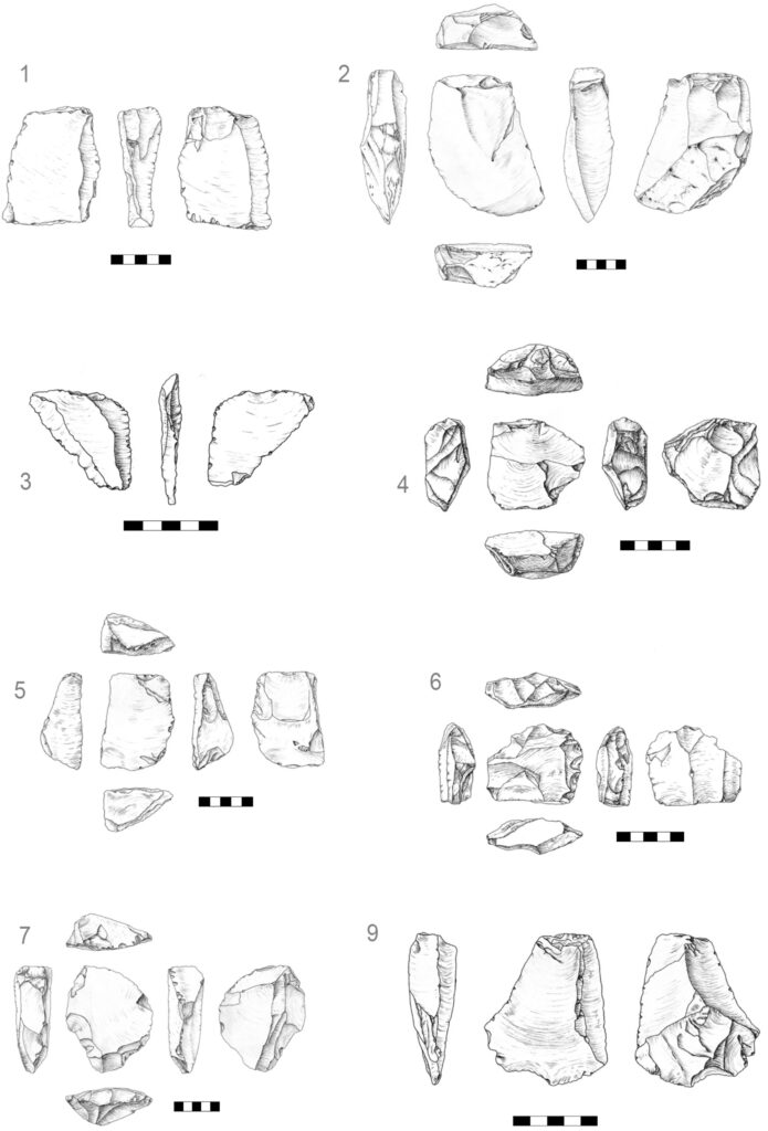 Photographs and illustrations of prehistoric stone artefacts recovered from the underwater WH2 archaeological site in Murujuga, Western Australia.