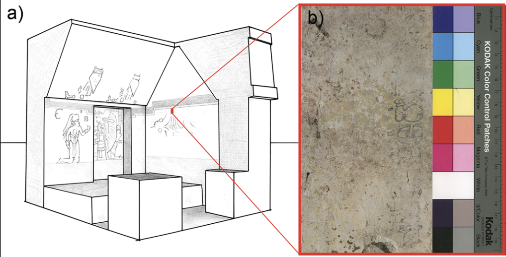 Artist’s reconstruction of Structure 10K-2 at Xultun, Guatemala, showing the location of the mathematical inscription