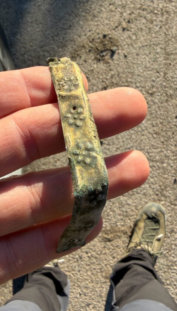 Close-up of a gilded copper fragment recovered from the medieval church at Szigliget.