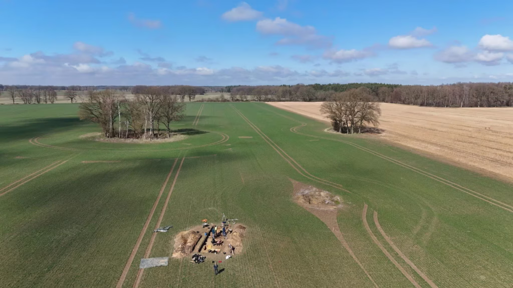 Drone view of archaeological excavations in a green field at Seddin, Germany, with woodland in the background.