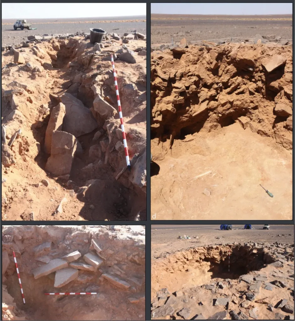 Multiple excavation photographs showing the prehistoric burial mound, limestone slabs covering the grave, human skeletal remains, and the completed excavation at Wadi Lawash el Telli.