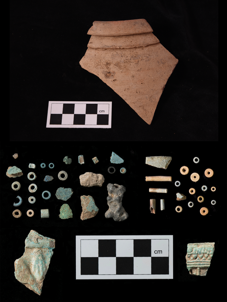 Ancient faience beads and production waste excavated from Sanam Temple workshop.