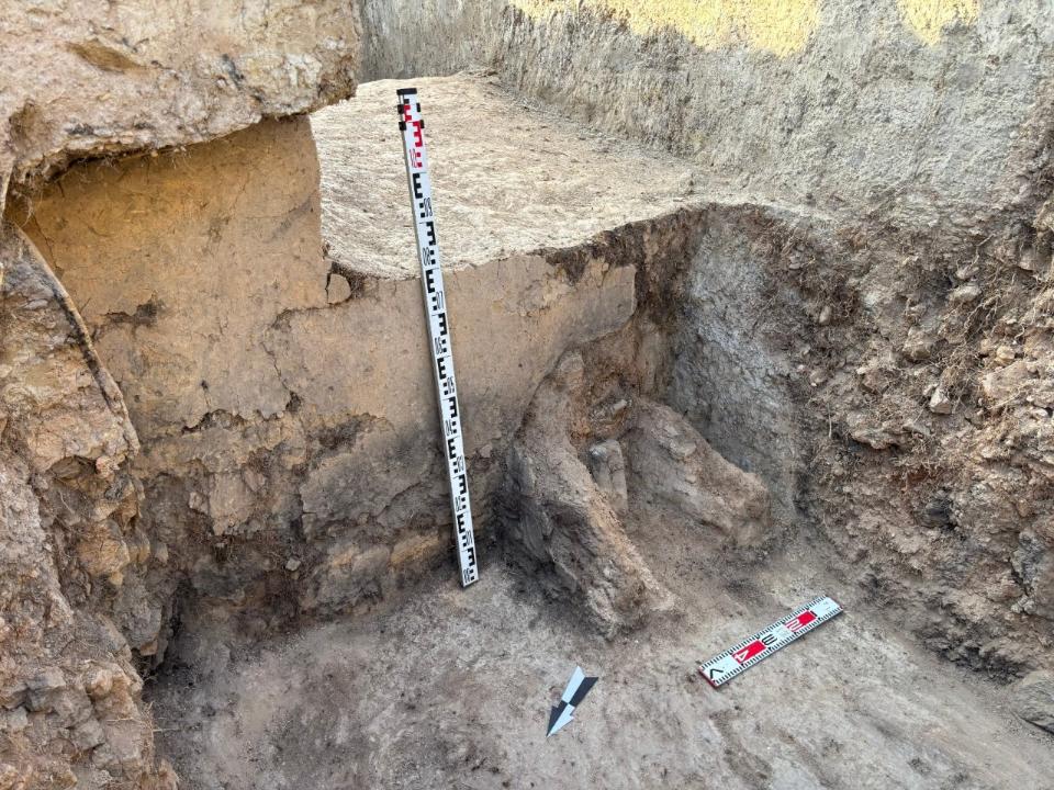 Archaeological excavation trench at Kalzhyr showing earthen structural remains and measuring scales.