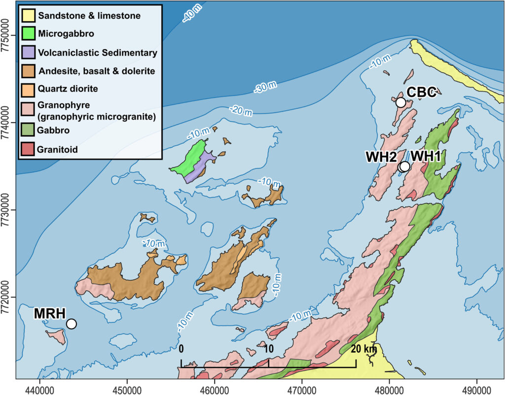 Geological map of Murujuga in Western Australia showing submerged archaeological sites, rock formations and seabed depth contours.