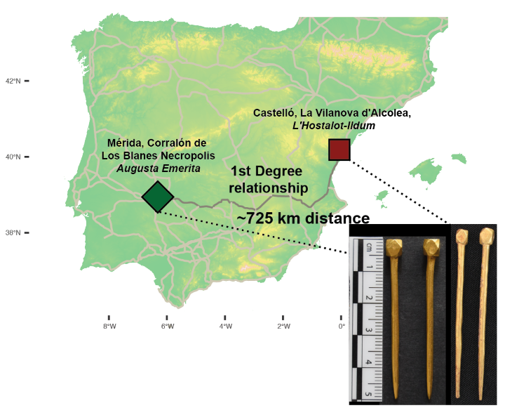 Map showing the burial sites of two siblings identified through ancient DNA analysis, approximately 725 kilometers apart, alongside gold pins recovered from both locations.