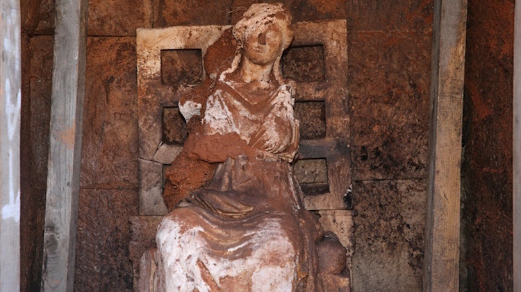 Ancient marble statue of the mother goddess Cybele discovered in its original position at the Hellenistic Kurul Castle in Ordu, Türkiye.