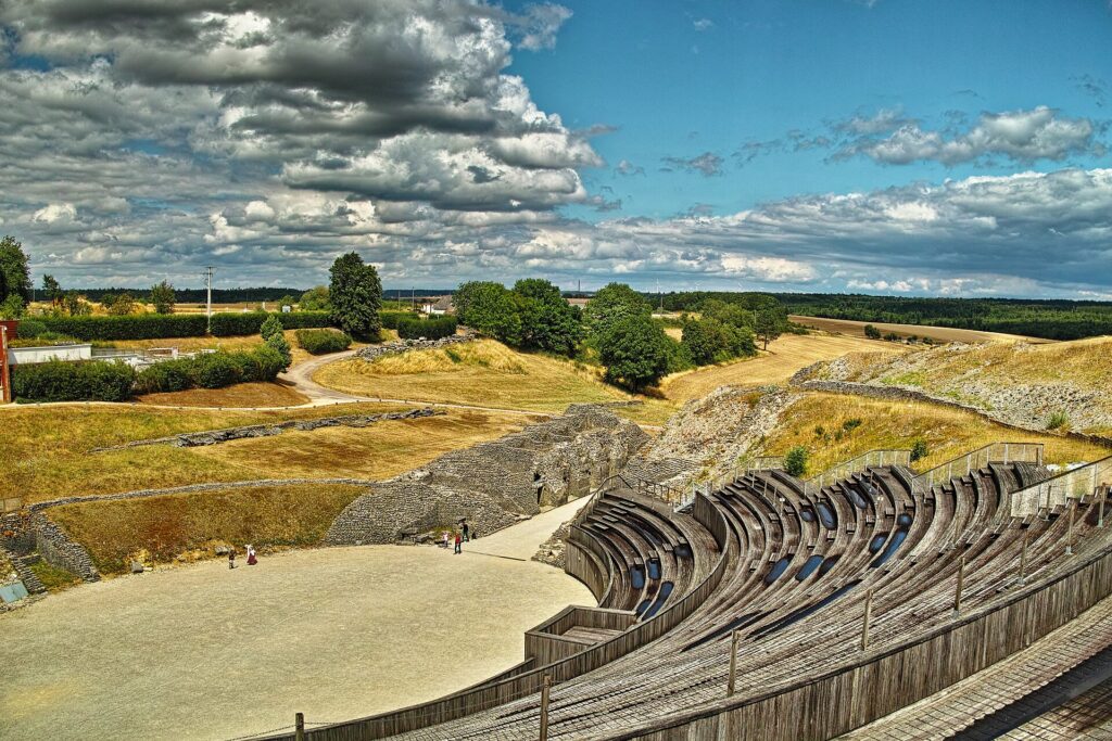 Stone seating and structural remains of the Roman amphitheater at Grand in northeastern France.