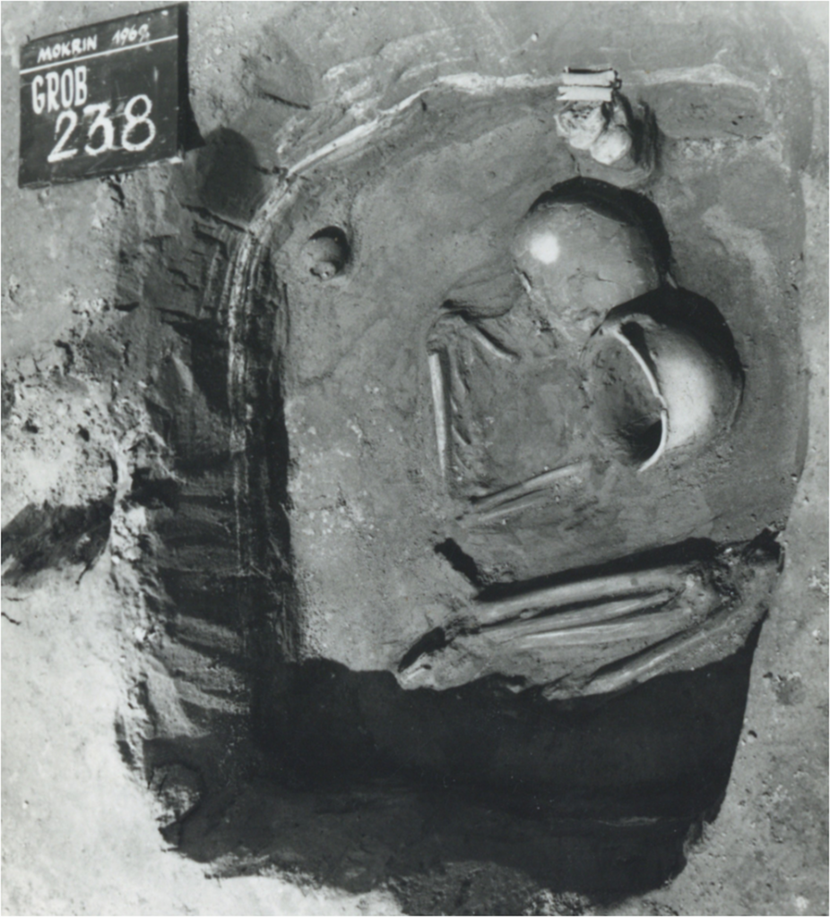 Original excavation photograph of Grave 238 at Mokrin, showing the remains of a Bronze Age girl buried on her left side.