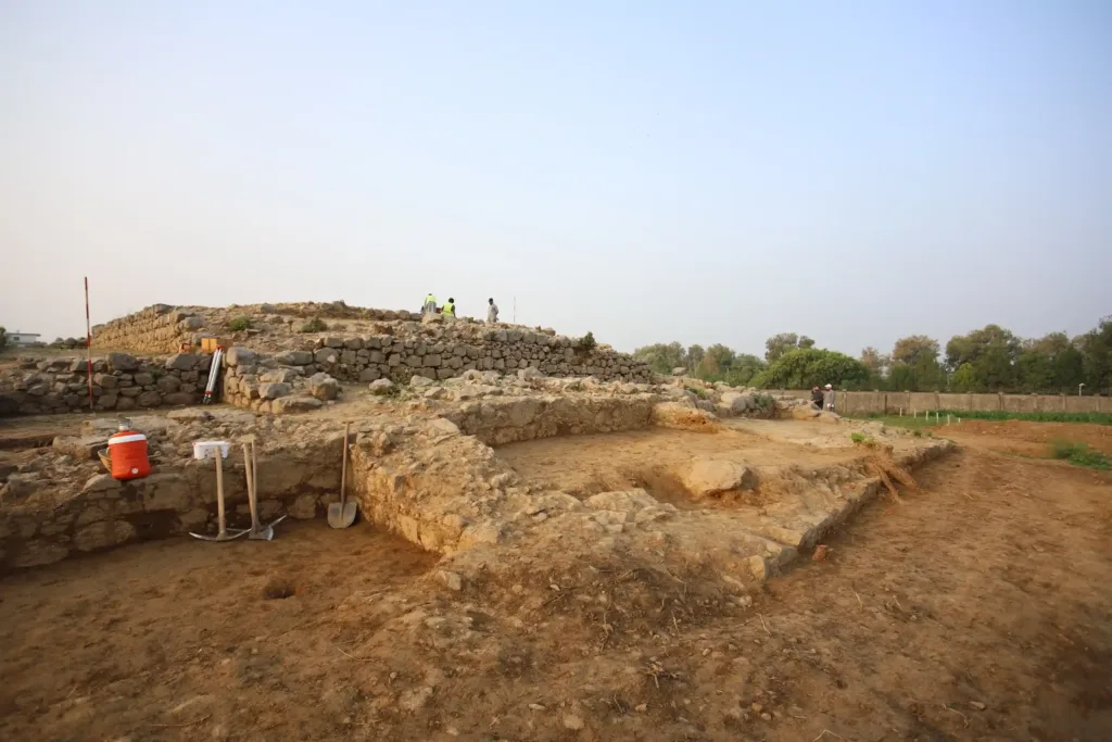 Ground-level view of the Jandial D archaeological excavation in Pakistan, showing exposed stone walls, foundations, and excavation trenches.
