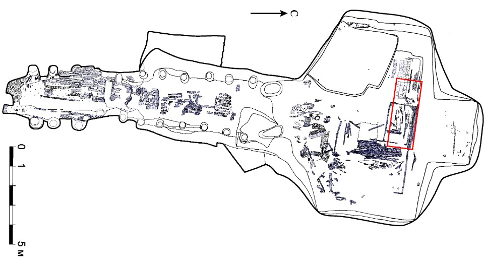 Plan of the central burial chamber in Kurgan 4 at Filippovka 1 cemetery, showing the location of the sacrificial complex.