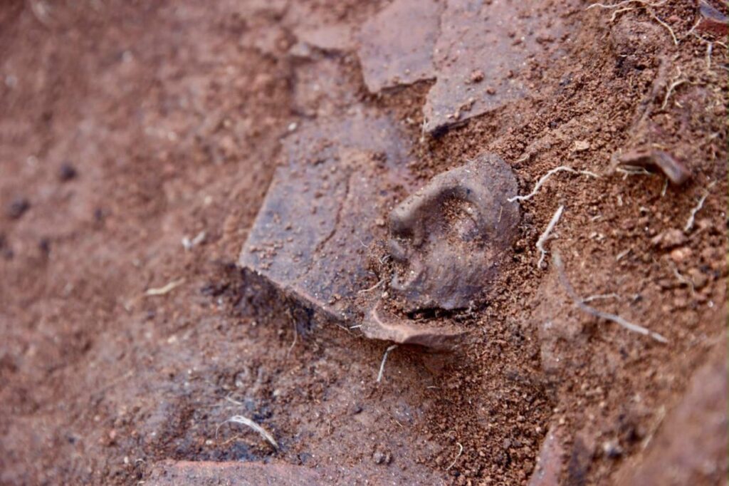 Close-up of an ancient artifact partially buried in soil at the 2,300-year-old Kurul Castle archaeological site.