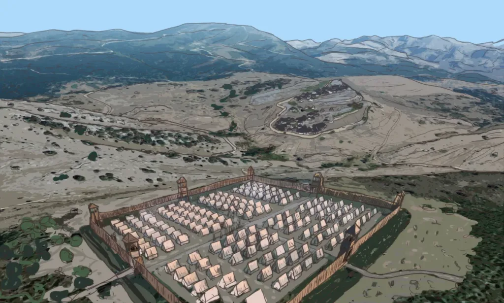 Archaeological reconstruction of a Roman military camp near La Peña del Castro in northern Spain, showing its defensive layout and fortifications.