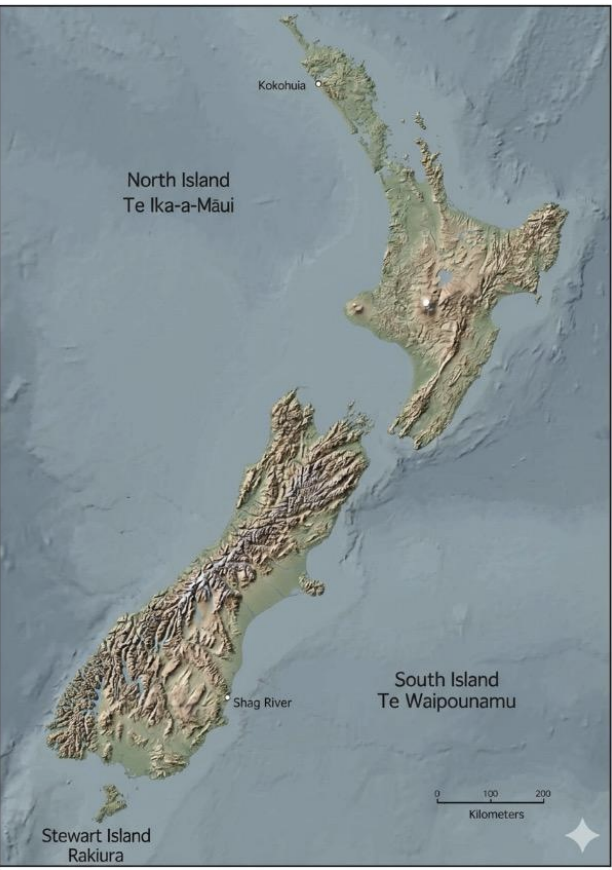 Map of New Zealand showing the locations of Shag River Mouth (Waihemo) on the South Island and Kokohuia on the North Island.