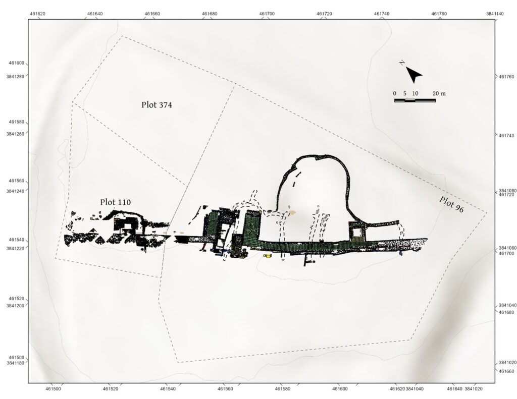Archaeological site plan of Marchello in Palaepaphos showing the ancient defensive wall, monumental gate and excavated structures in Plots 96 and 110.