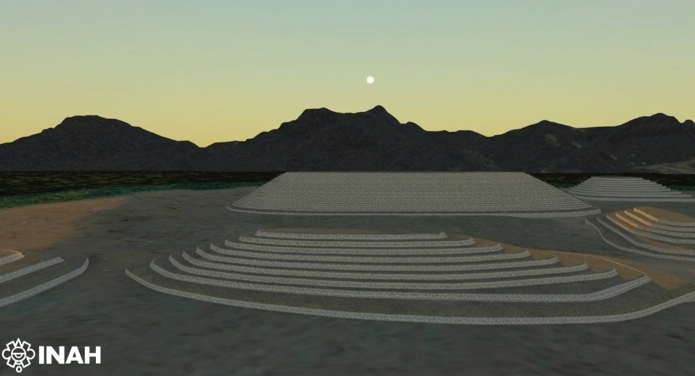Digital reconstruction of the ancient solar observatory at Teteles de Ávila Castillo, showing stepped monumental structures against a mountainous landscape.