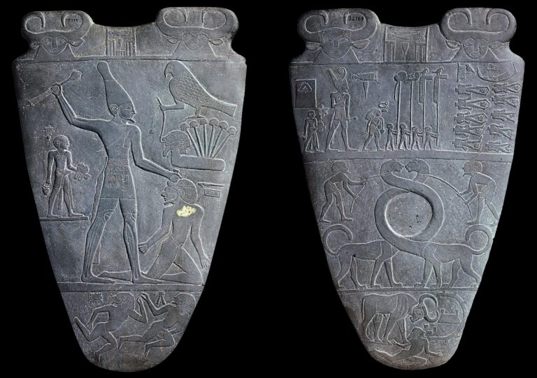 King Narmer raises a mace over a captive on the ancient Egyptian Narmer Palette.