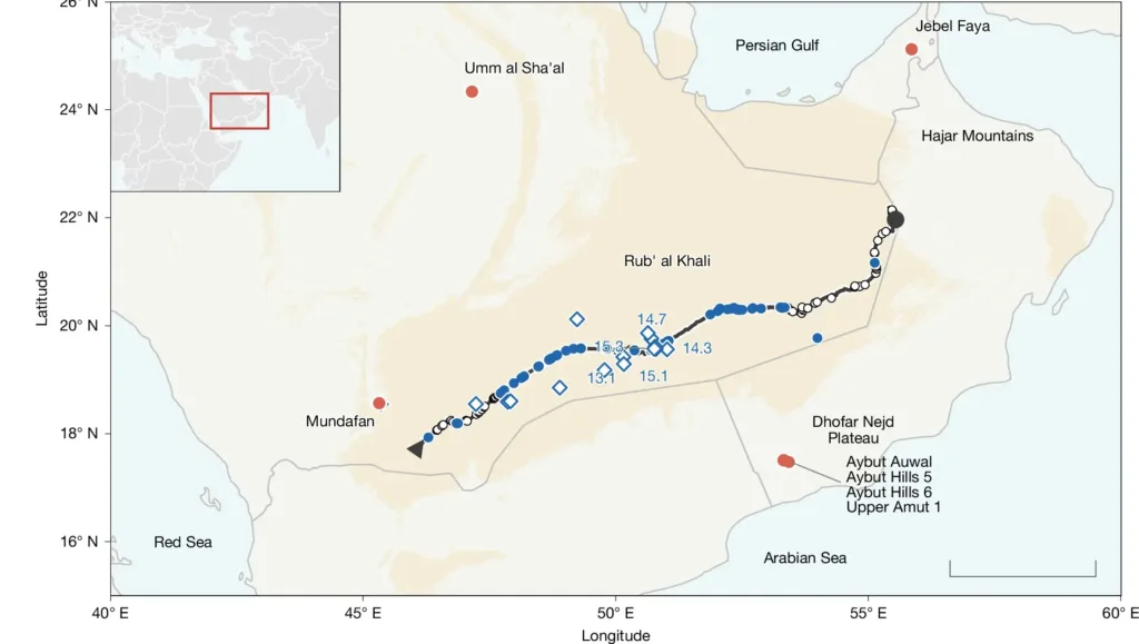 Map of the Rub’ al Khali desert showing the archaeological survey route, 55 ancient lake locations and surrounding Paleolithic sites.