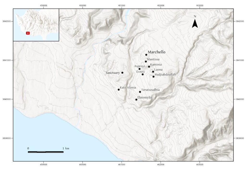 Map of the Palaepaphos region in Cyprus showing the location of Marchello and other major archaeological sites.