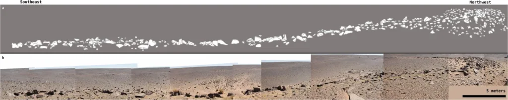 Panoramic view of the prehistoric stone monument in Western Sahara, showing limestone blocks arranged along its northern antenna-like extension.