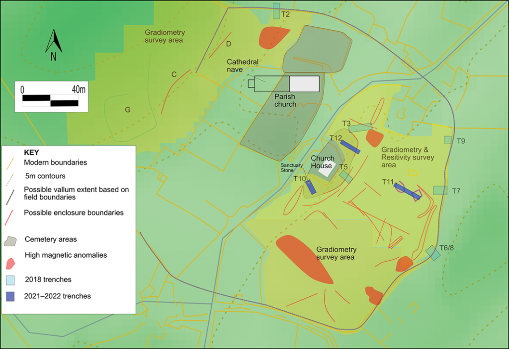 Plan of the Lios Mòr monastic site showing the parish church, cathedral ruins, possible vallum, geophysical survey areas and excavation trenches.