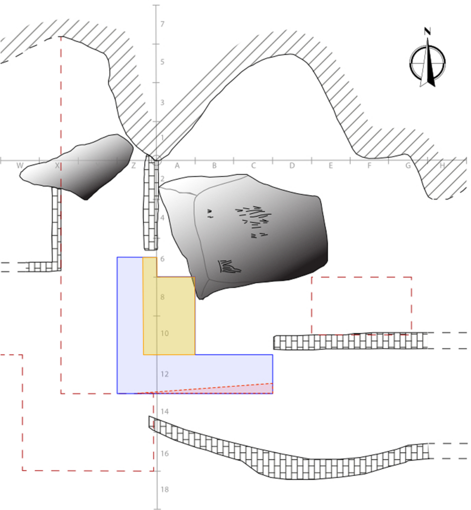 Excavation plan of Badanj showing the earlier excavation area and the phases of recent archaeological fieldwork.