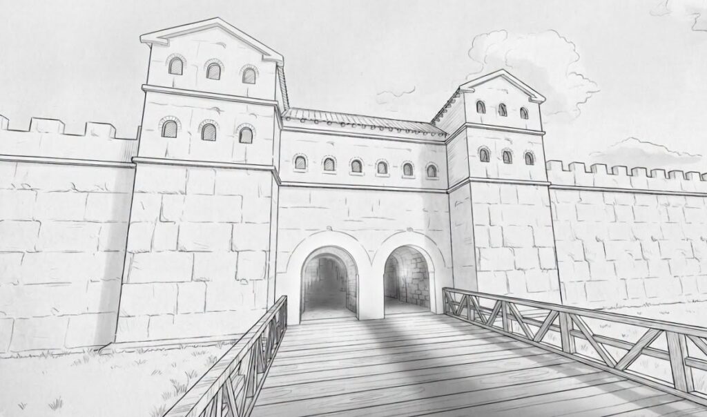 Reconstruction of the Porta Praetoria at Apulum with two rectangular towers and twin entrance arches.