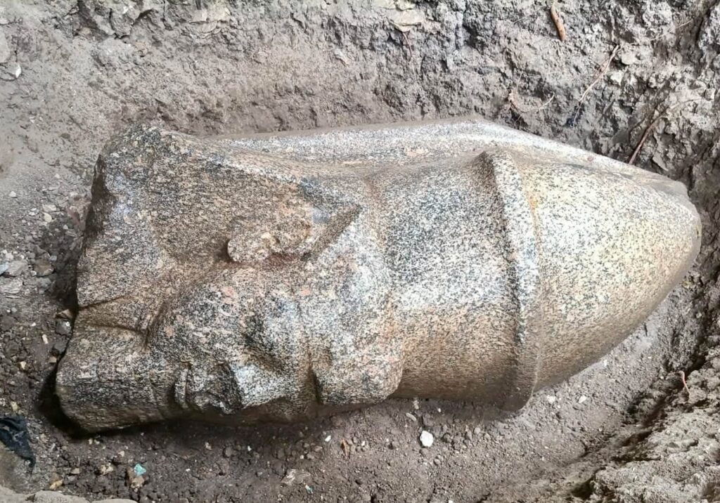 Colossal granite head of Pharaoh Ramesses II lying on its side in an archaeological excavation trench at Behbeit el-Hagar, Egypt.