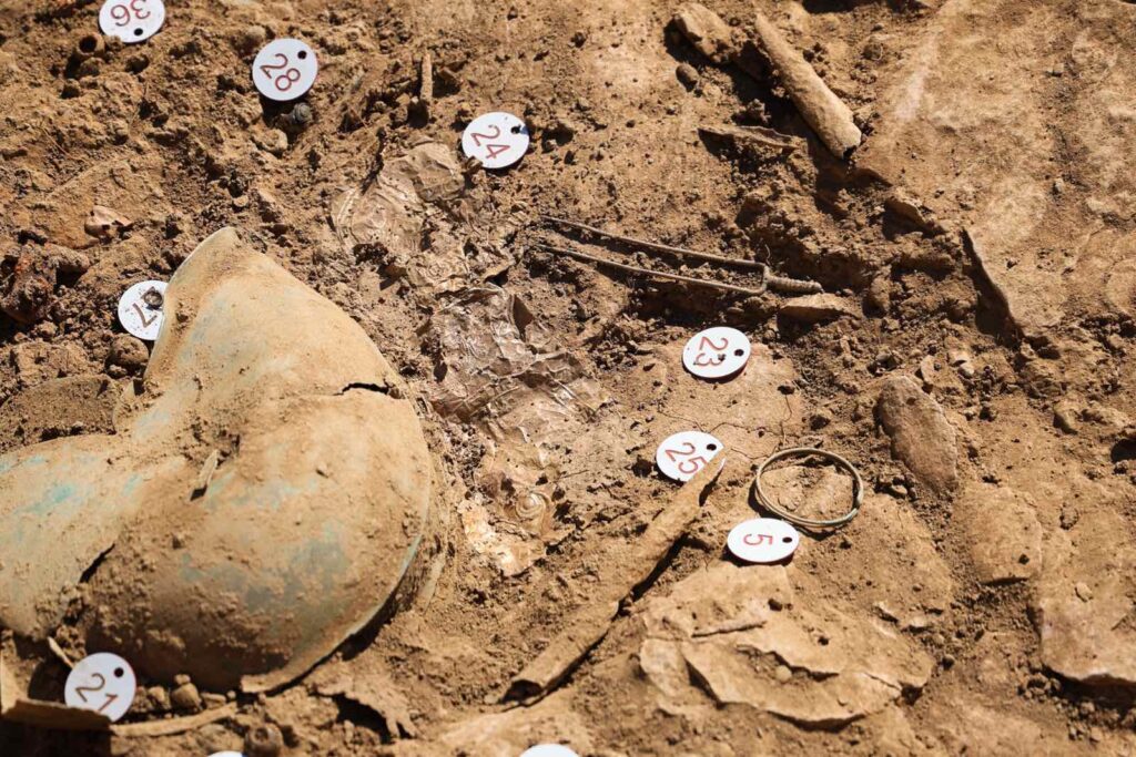 Close-up of military equipment and grave goods in the 2,600-year-old warrior burial at Rasnica in North Macedonia.