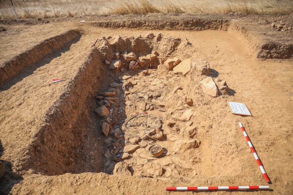 Wide view of the Rasnica warrior burial, with grave goods and what appears to be part of the shield assemblage visible in situ.