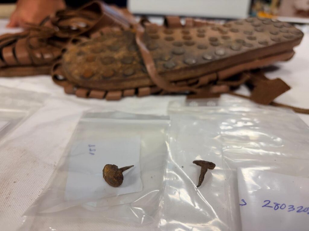 Ancient Roman iron hobnails discovered near La Peña del Castro, displayed in front of a reconstructed Roman military shoe with a studded sole.