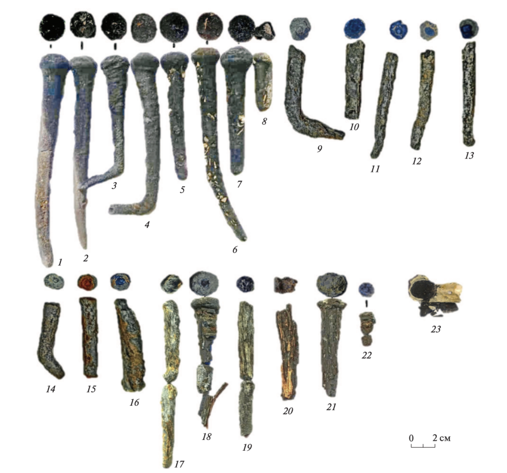 Metal objects from the ship. Samples 1–22 are nails; sample 23 is a fragment of sheet metal.