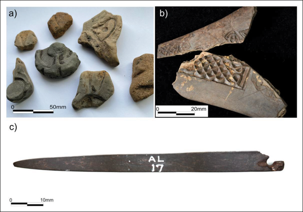 Brooch mould fragments, finely carved motif pieces and an early medieval gold-testing touchstone from Lios Mòr, Scotland.