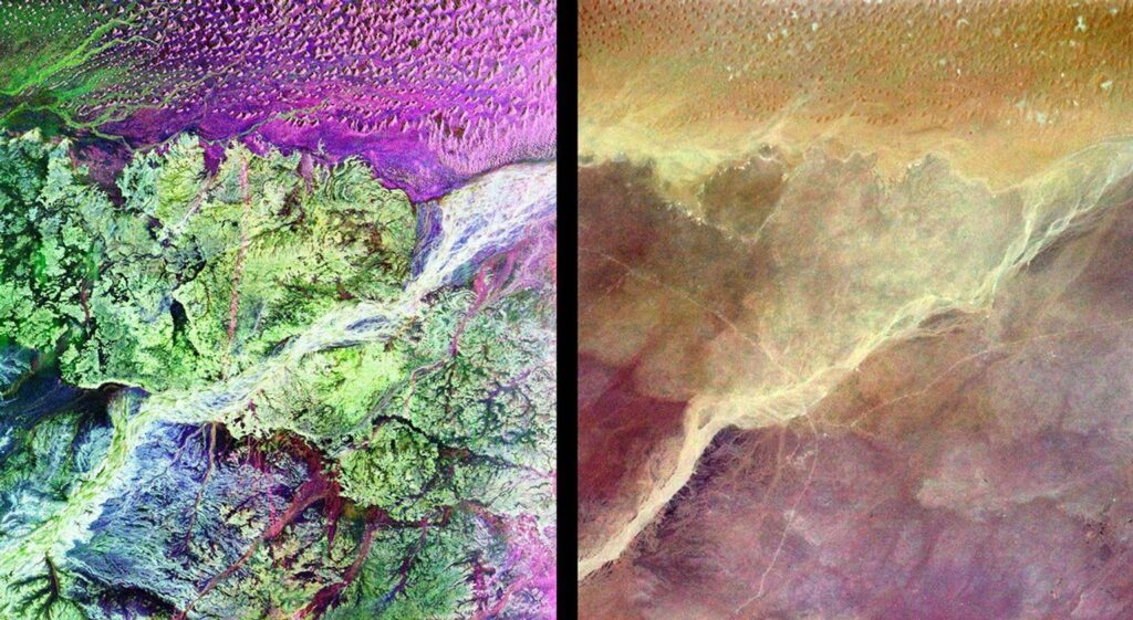 Side-by-side optical and radar satellite images of Shisr in Oman, showing the desert landscape where researchers investigated the legendary lost city of Ubar.